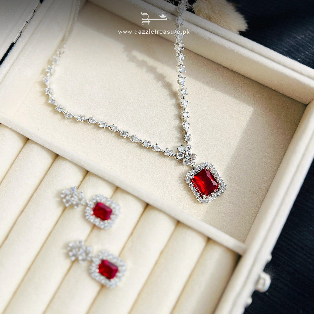 Minimal Ruby Zircon Necklace Set