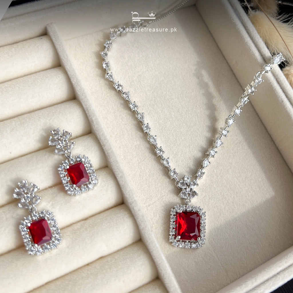 Minimal Ruby Zircon Necklace Set