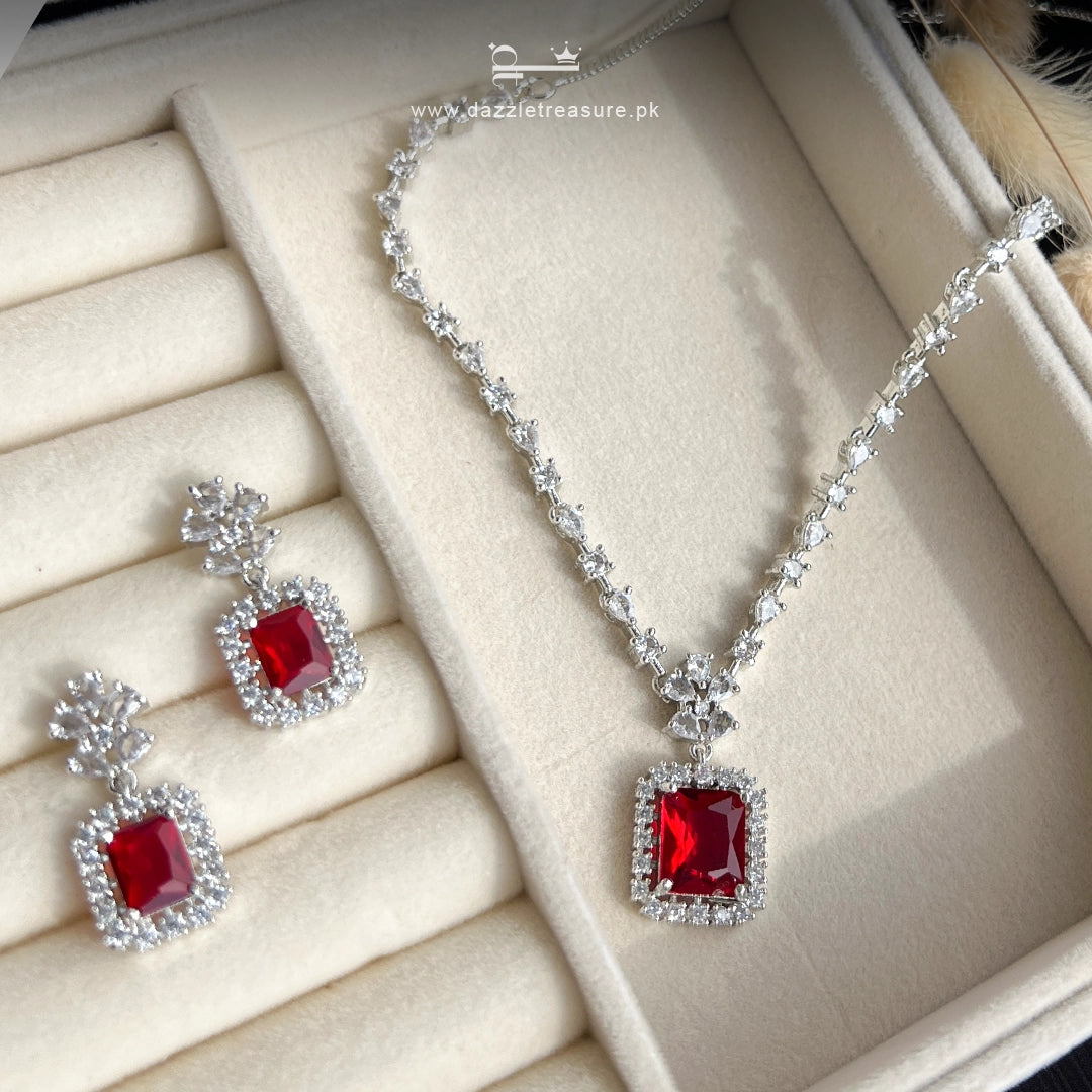 Minimal Ruby Zircon Necklace Set